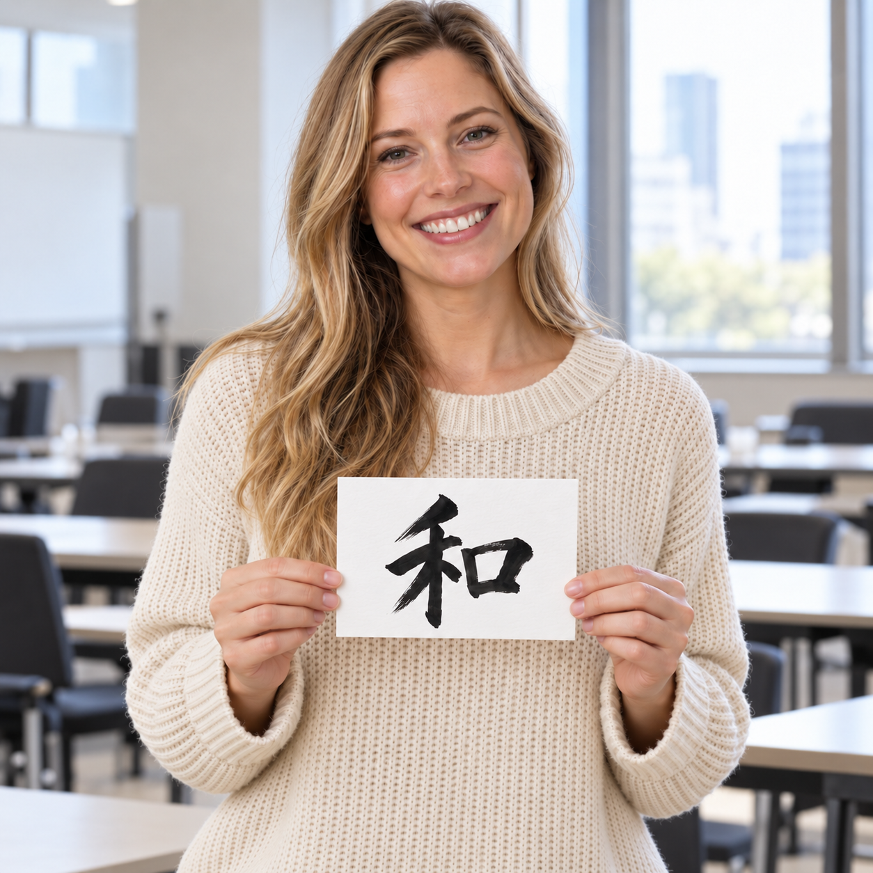 A guest holding her small landscape calligraphy postcard